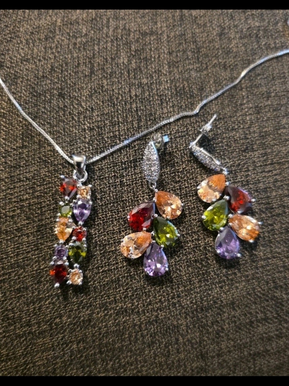 Multicolor Teardrop Gemstone Necklace and Earring Set - Silver Tone